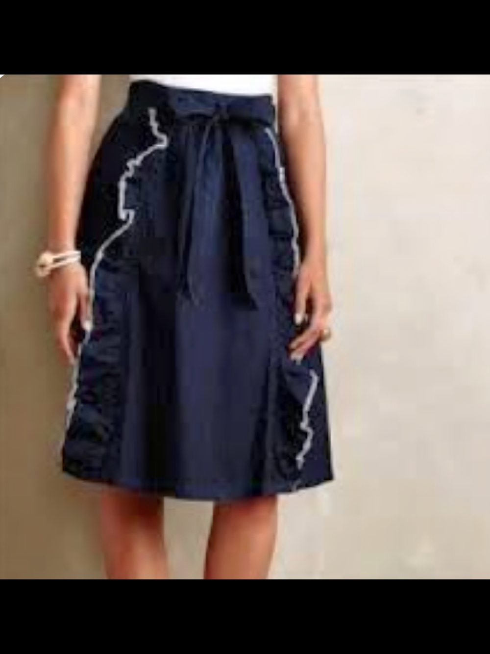 Anthropologie Maeve Blue Denim Midi Skirt With Front Ruffle